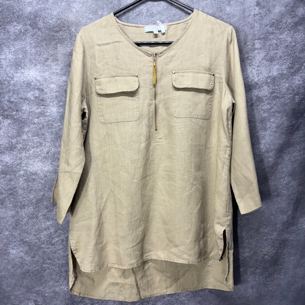 Company Ellen Tracy Linen Tunic Top Womens M Flax Beige Gold Zip Minimalist